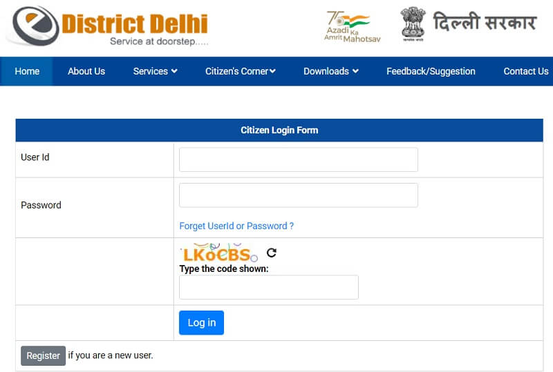 eDistrict Delhi login page